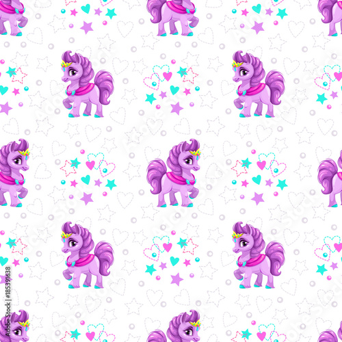 Seamless pattern with cute cartoon horse princess on white background.