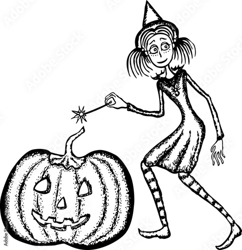 Young witch with a halloween pumpkin