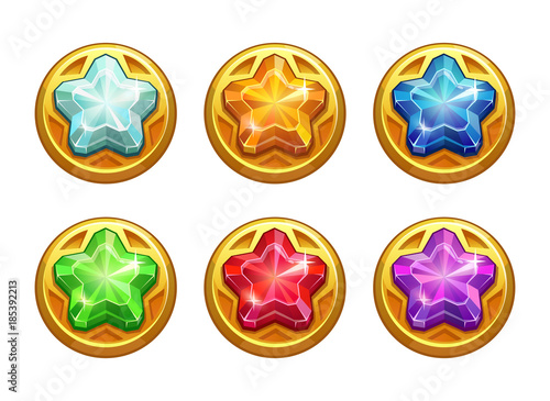 Golden round assets with colorful crystal stars inside.