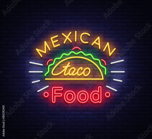 Taco logo vector. Neon sign on Mexican food, Tacos, street food, fast food, snack. Bright neon billboards, shining nightly ads of tacos, Mexican food, cafes, restaurants, dining, snack bars dining