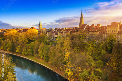 Beautiful view of Bern and Berner Munster cathedral in Switzerland