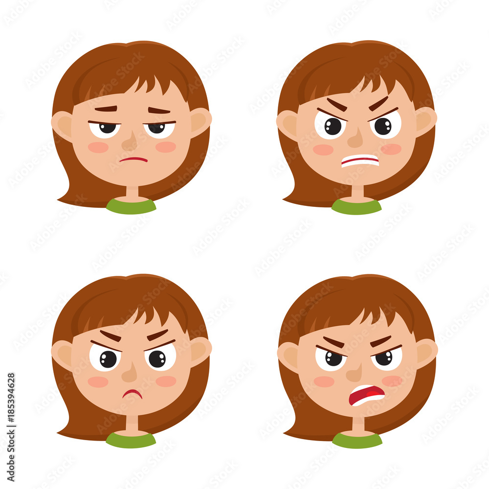 Little girl angry face expression, set of cartoon vector illustrations Little girl angry face expression, set of cartoon vector illustrations