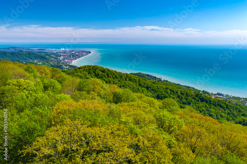The coast of the city on the Black Sea aerial view against the azure sea and a light sky, a dense green forest close-up on a mountainside. Adler district from the Akhun mountain, Sochi, Russia.