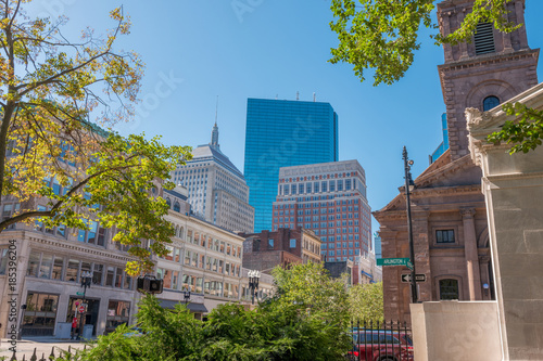 Boston USA Public Garden, Common Frog Pond and city skyline.