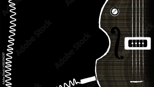 Bass Guitar with Coiled Jack Cable on Black Background