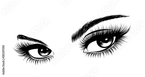 Hand-drawn woman's sexy makeup look with perfectly perfectly shaped eyebrows and extra full lashes. Idea for business visit card, typography vector.Perfect salon look