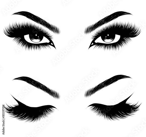 Hand-drawn woman's sexy makeup look with perfectly perfectly shaped eyebrows and extra full lashes. Idea for business visit card, typography vector.Perfect salon look