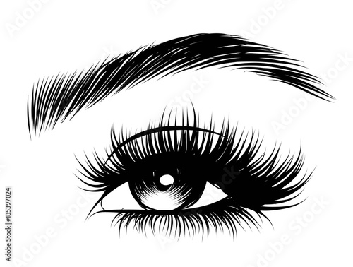 Hand-drawn woman's sexy makeup look with perfectly perfectly shaped eyebrows and extra full lashes. Idea for business visit card, typography vector.Perfect salon look