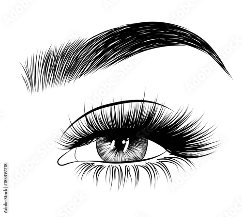 Hand-drawn woman's sexy luxurious eye with perfectly shaped eyebrows and full lashes. Idea for business visit card, typography vector.Perfect salon look.