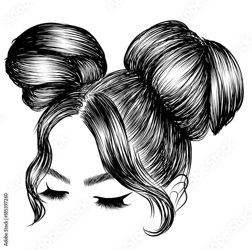 Hand-drawn beauty woman with luxurious bun silk hairstyle. Idea for business card typography vector. Wedding style