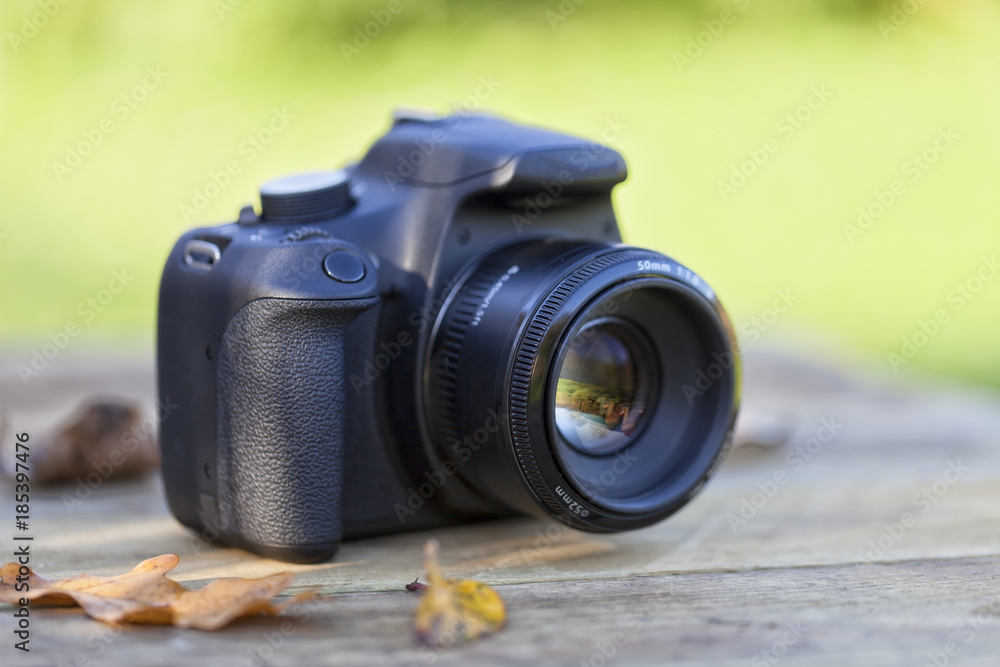 A digital camera on top of a wooden table with some fallen leaves