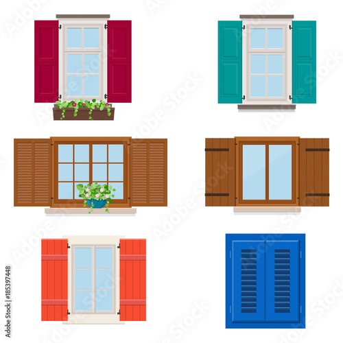 Set of open colorful different windows with shutters and flowers