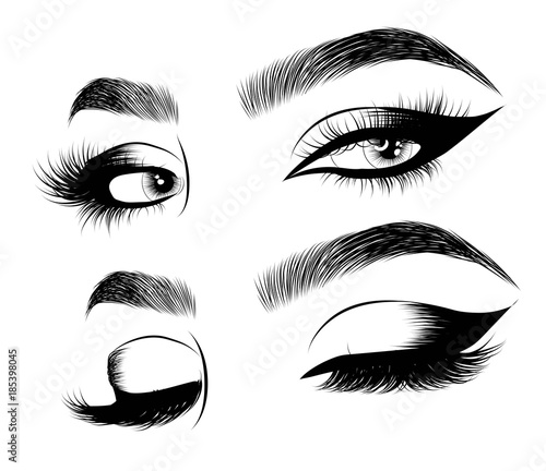 Hand-drawn woman's sexy luxurious eye with perfectly shaped eyebrows and full lashes. Idea for business visit card, typography vector.Perfect salon look.