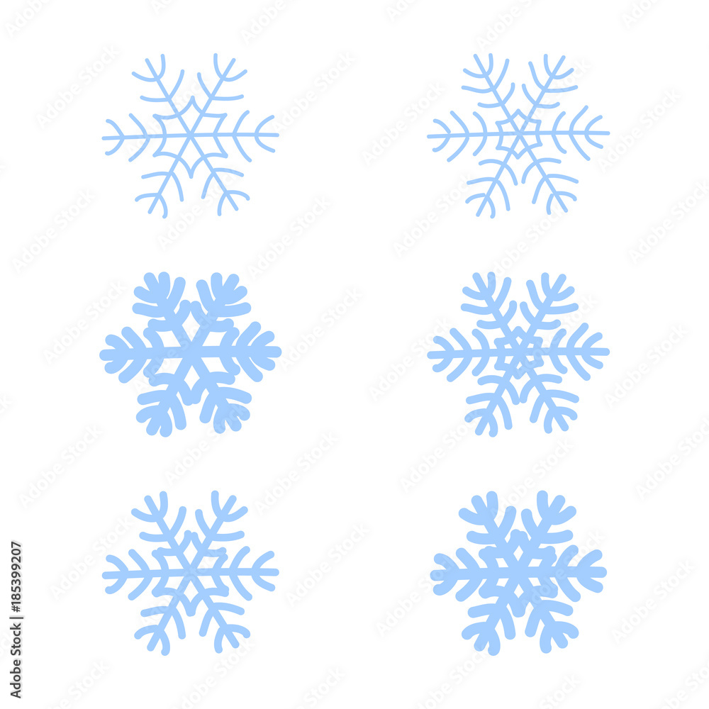 Fototapeta premium Snowflakes signs set. Blue Snowflake icons isolated on white background. Snow flake silhouettes. Symbol of snow, holiday, cold weather, frost. Winter design element. Vector illustration