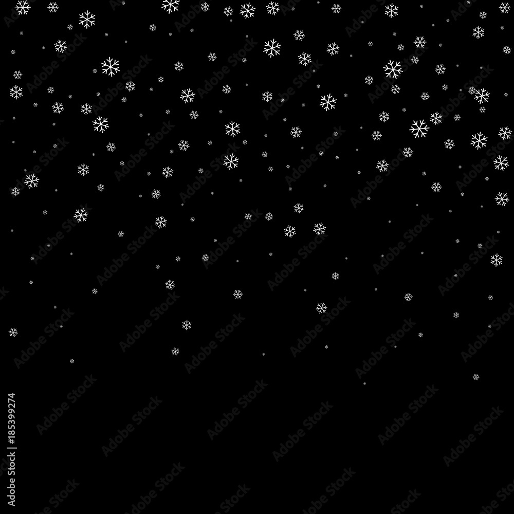 Christmas winter black background with Christmas falling snowflakes. White elegant snowfall Christmas background. Happy New Year card design for holiday, winter Xmas decoration. Vector illustration Christmas winter black background with Christmas falling snowflakes. White elegant snowfall Christmas background. Happy New Year card design for holiday, winter Xmas decoration. Vector illustration