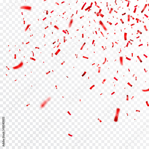 Christmas, Valentines day red confetti on transparent background. Falling shiny confetti glitters. Festive party design elements.