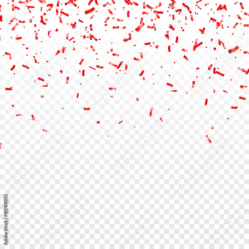 Christmas, Valentines day red confetti on transparent background. Falling shiny confetti glitters. Festive party design elements.