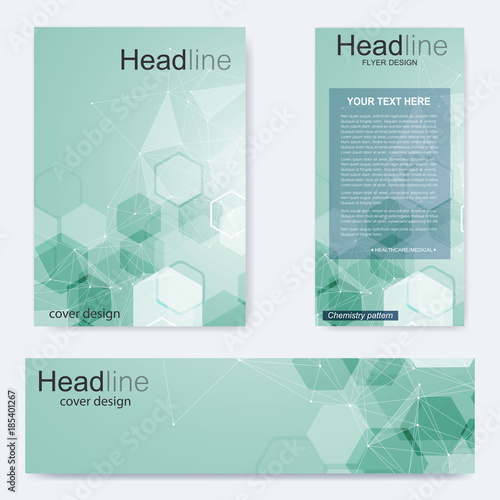 Set flyer, brochure size A4 template,banner. Molecular structure with connected lines and dots. Scientific pattern atom DNA with elements for magazine, leaflet, cover, poster design.