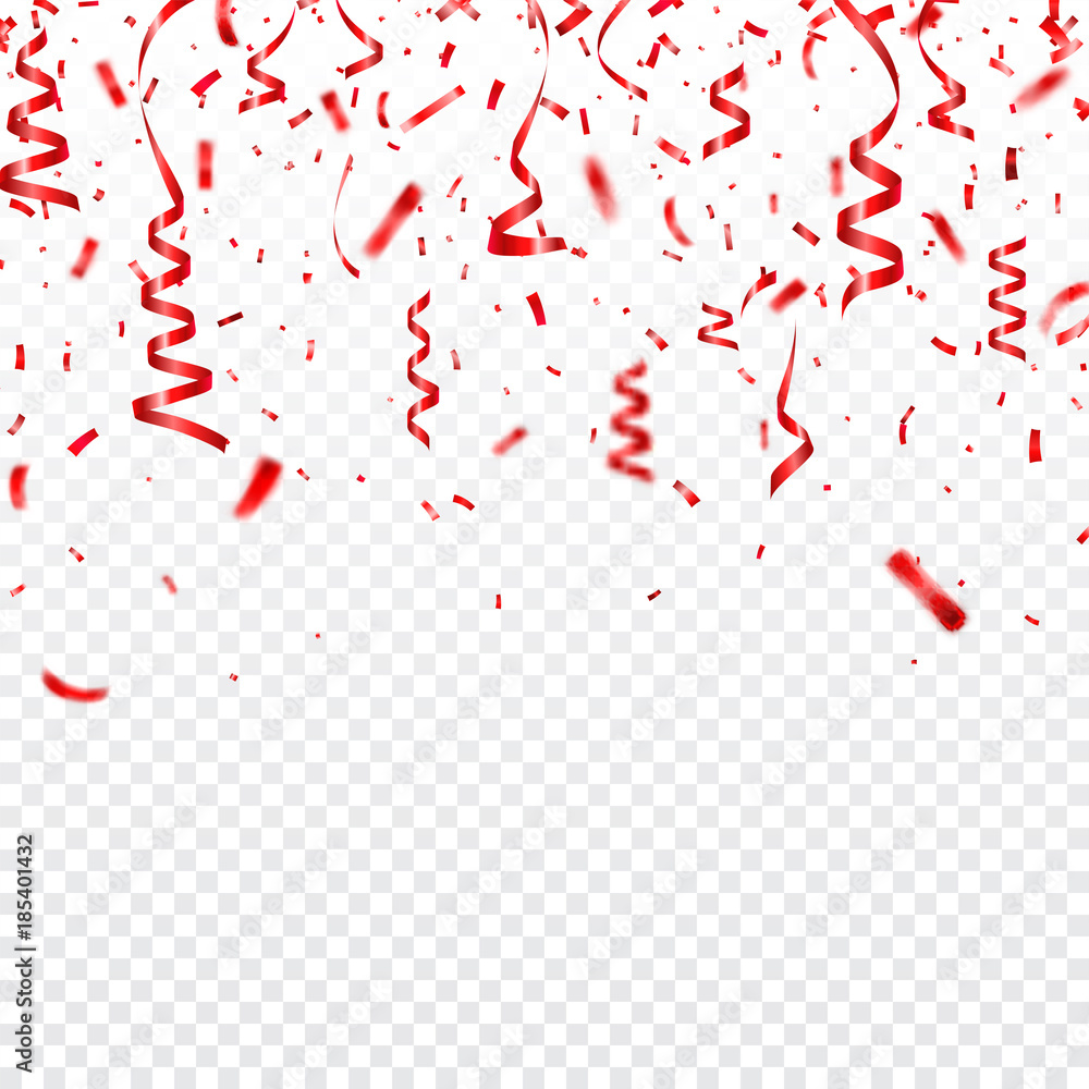 Fototapeta premium Christmas, Valentines day red confetti with ribbons on transparent background. Falling shiny confetti glitters. Festive party design elements.