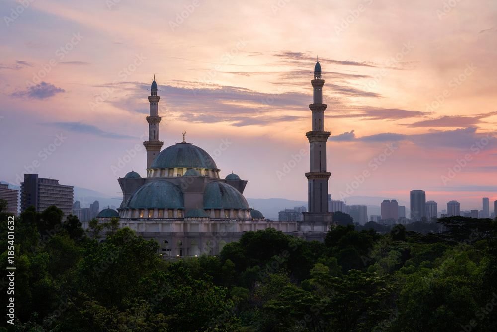 Masjid Wilayah Persekutuan during sunrise, A public mosque in Kuala Lumpur, Malaysia
