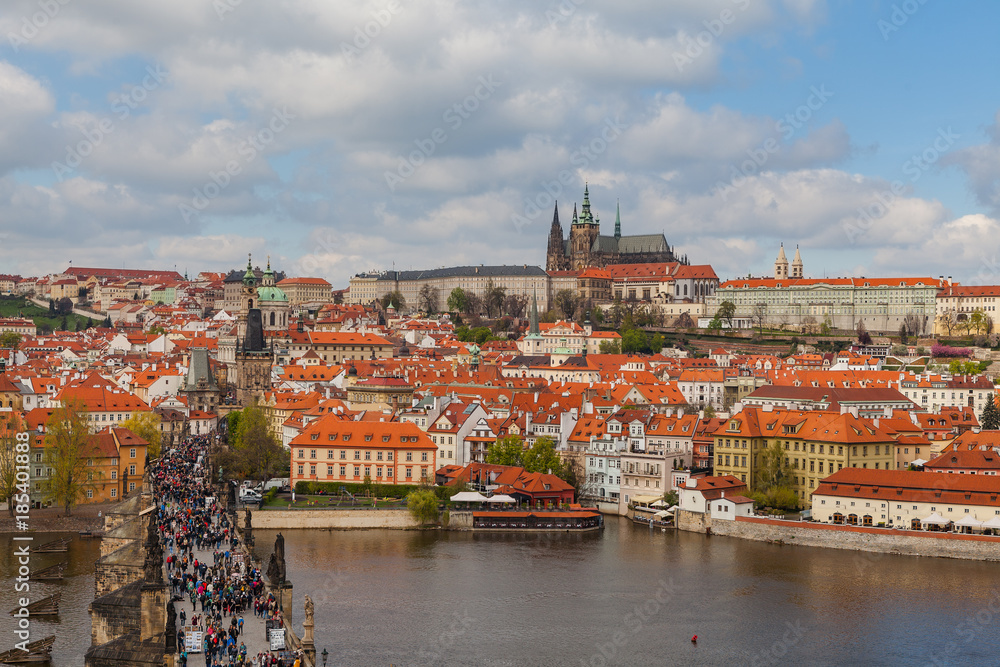 Panoramic view of Charles bridge, Prague castle and Vltava river in Prague, Czech Republic Panoramic view of Charles bridge, Prague castle and Vltava river in Prague, Czech Republic