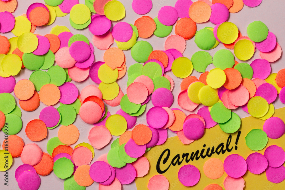 Carnaval party background concept. Space for text, copyspace. Written the words: Carnival!