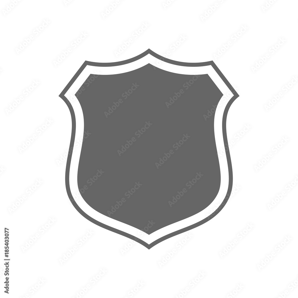 Shield shape icon. Gray label sign, isolated on white background. Symbol of protection, arms, security, safety. Flat retro style design. Element vintage heraldic emblem Vector illustration Shield shape icon. Gray label sign, isolated on white background. Symbol of protection, arms, security, safety. Flat retro style design. Element vintage heraldic emblem Vector illustration