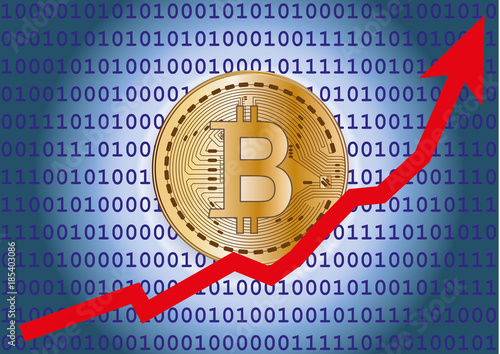 raising bitcoin course vector graphic with biary code on the blue background