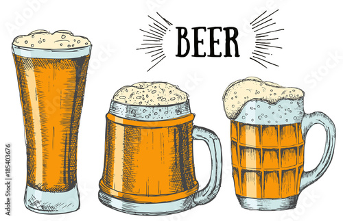 Hand drawn colored glass of beer isolated on white. Beer festival.