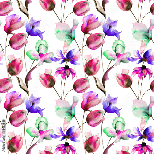 Seamless wallpaper with Tulips and Gerbera flowers