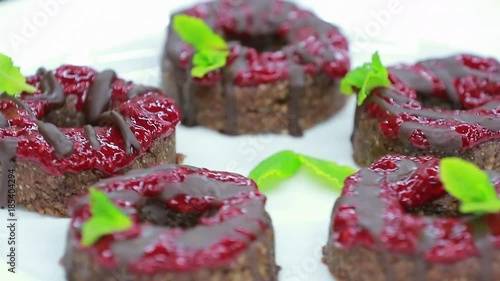 nut dessert with strawberry jam and chocolate