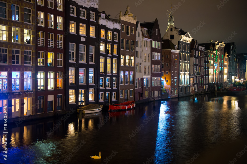 River channel and houses in Amsterdam, Netherlands