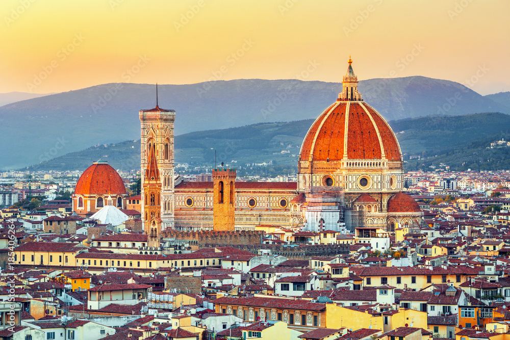 Beautiful view on hard of amazing Florence city and the Cathedral at sunrise, Florence, Italy
