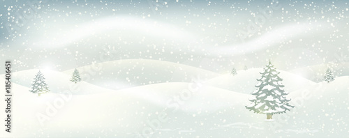 Winter background. Snowy landscape with snow drifts, snowfall and Christmas trees in the distance. Holiday vector illustration with snowflakes