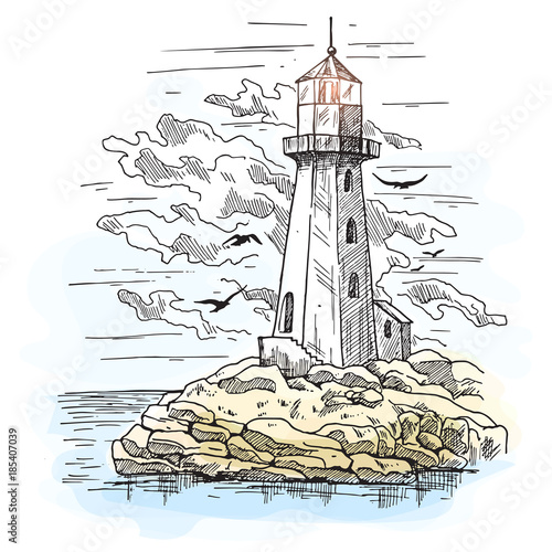 Island with rocks and lighthouse building