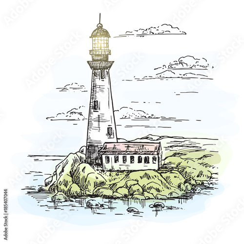 Lighthouse on island with rocks sketch.