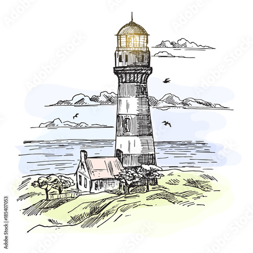 Sketch of island with lighthouse at ocean waters