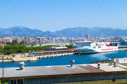 Panoramic skyline view suburban Palma Mallorca in blue sky. 