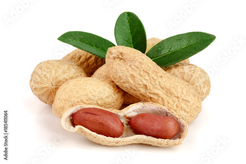 peanuts with leaf isolated on white background