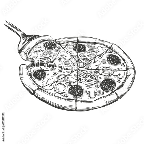Italian pizza, Pizza design template hand drawn vector illustration realistic sketch