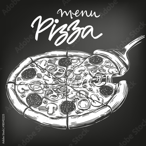 Italian pizza , drawn in white chalk on a black background, Pizza design template, logo, hand drawn vector illustration realistic sketch