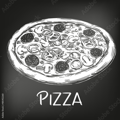 Italian pizza , drawn in white chalk on a black background, Pizza design template, logo, hand drawn vector illustration realistic sketch