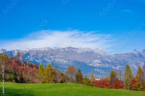 landscape in the Alps with fresh green meadows. Swiss Alps