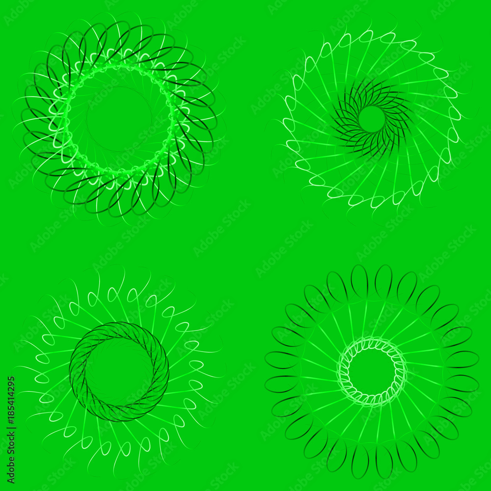Spirographs on a green background. Set of vector blue guilloche rosettes
Spirographs on a green background. Set of vector blue guilloche rosettes