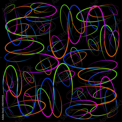 Colorful glowing circles on a black background. Neon background of electric rings. 