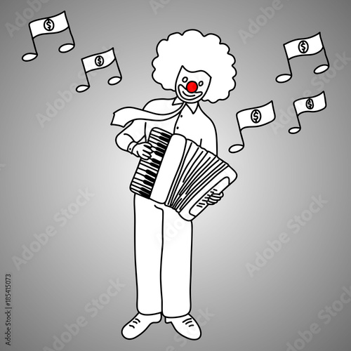 businessman musician with joker face playing piano accordion vector illustration doodle sketch hand drawn with black lines isolated on gray background. Business concept. Finding money with happiness.