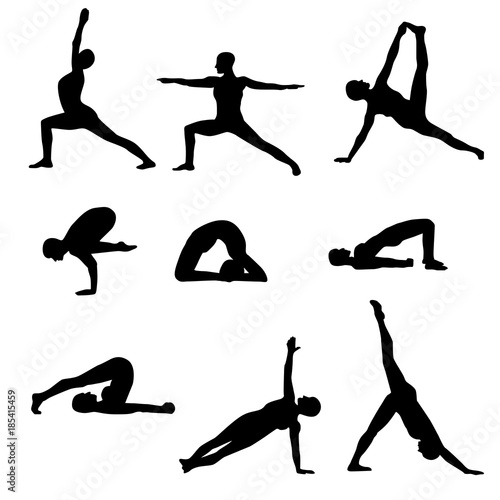 Yoga asanas black silhouettes positions isolated on a white background photo
