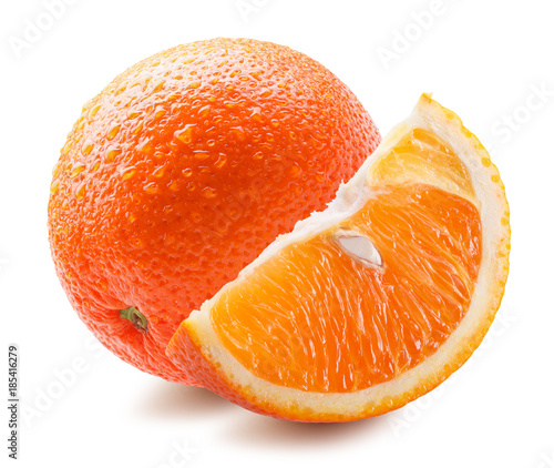 orange with slice in water drops isolated on a white background