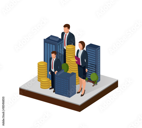 3d Isometric city icon. skyscraper model. with business figure of man and woman and money icon.  business buildings. real estate icon. Set of buildings. modern town concept. high-rise building. Urban