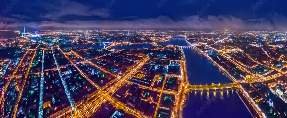 Petersburg map. Map from a height. Night city from a bird's-eye view. Night Petersburg. Russia. Petersburg panorama